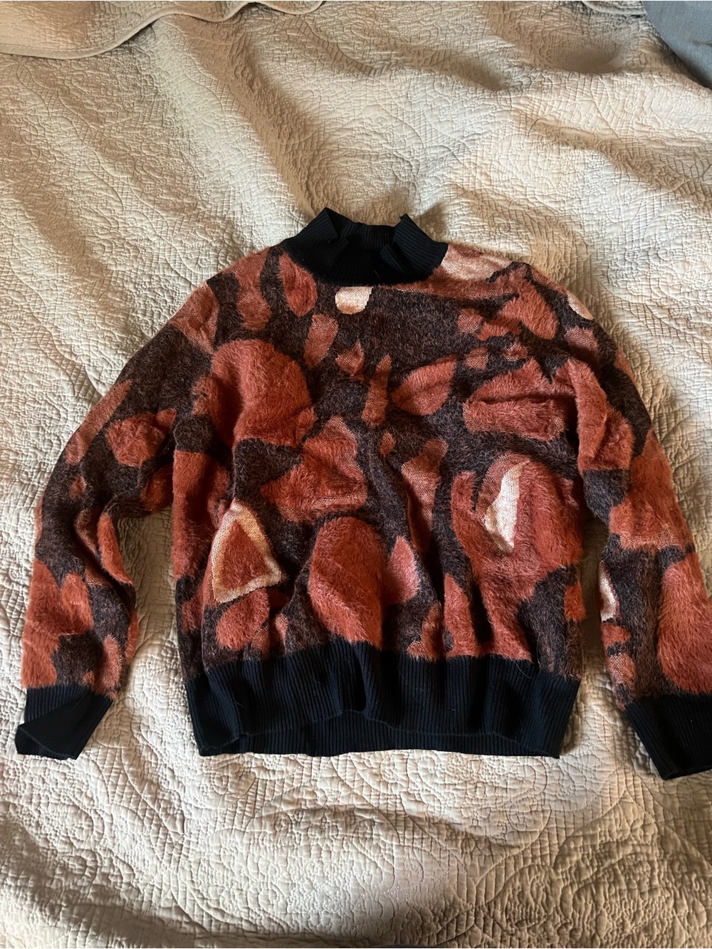 Fuzzy Cowl-Neck Sweater in Rust Floral with Black Trim YAL